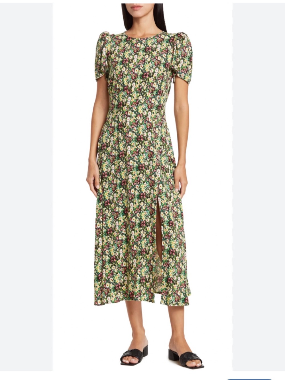 AFRM Green Floral Midi Dress with Puff Sleeves and Tiny Blossoms